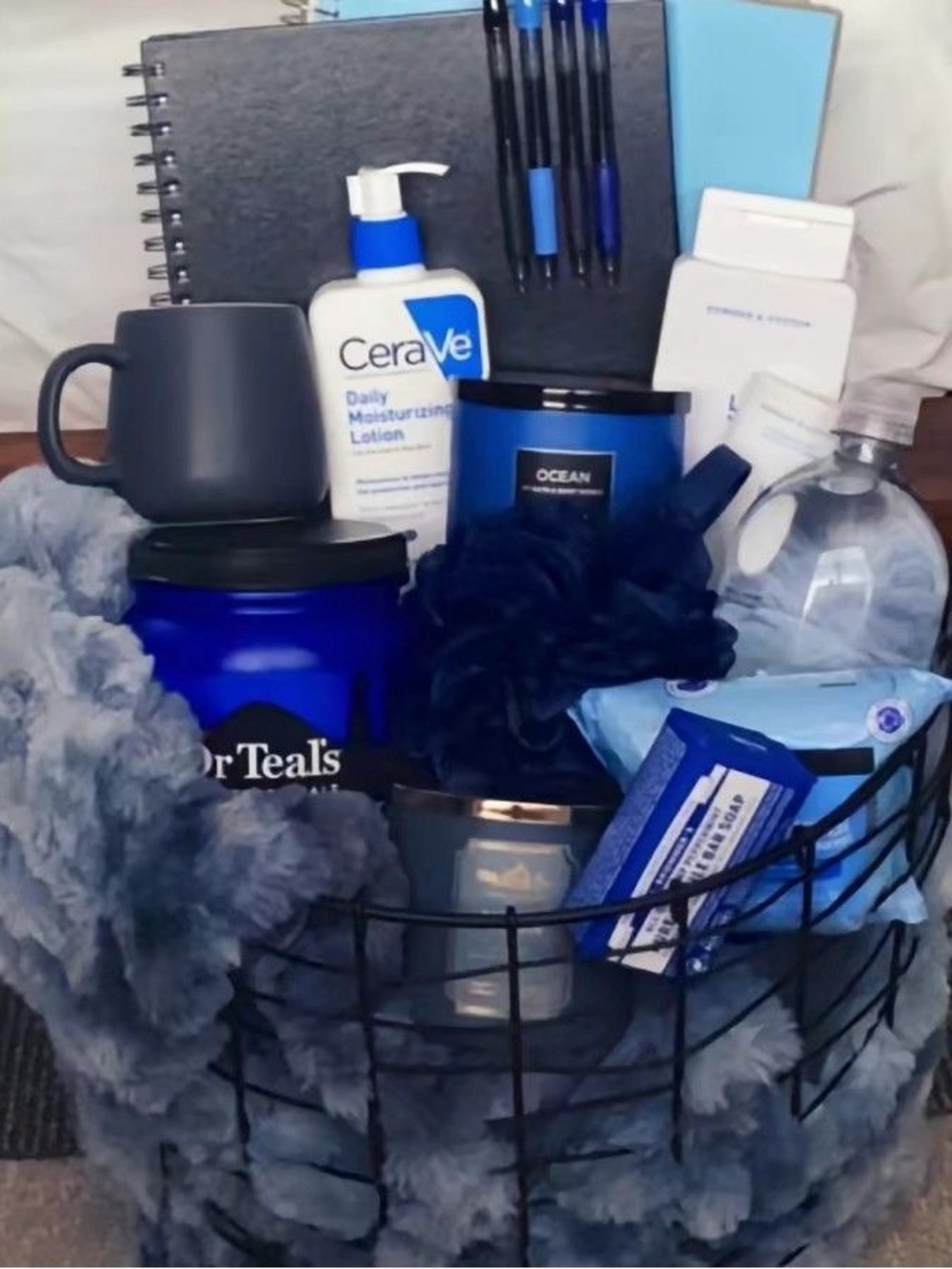 Blue and Gray Self-Care Gift Basket with CeraVe Lotion